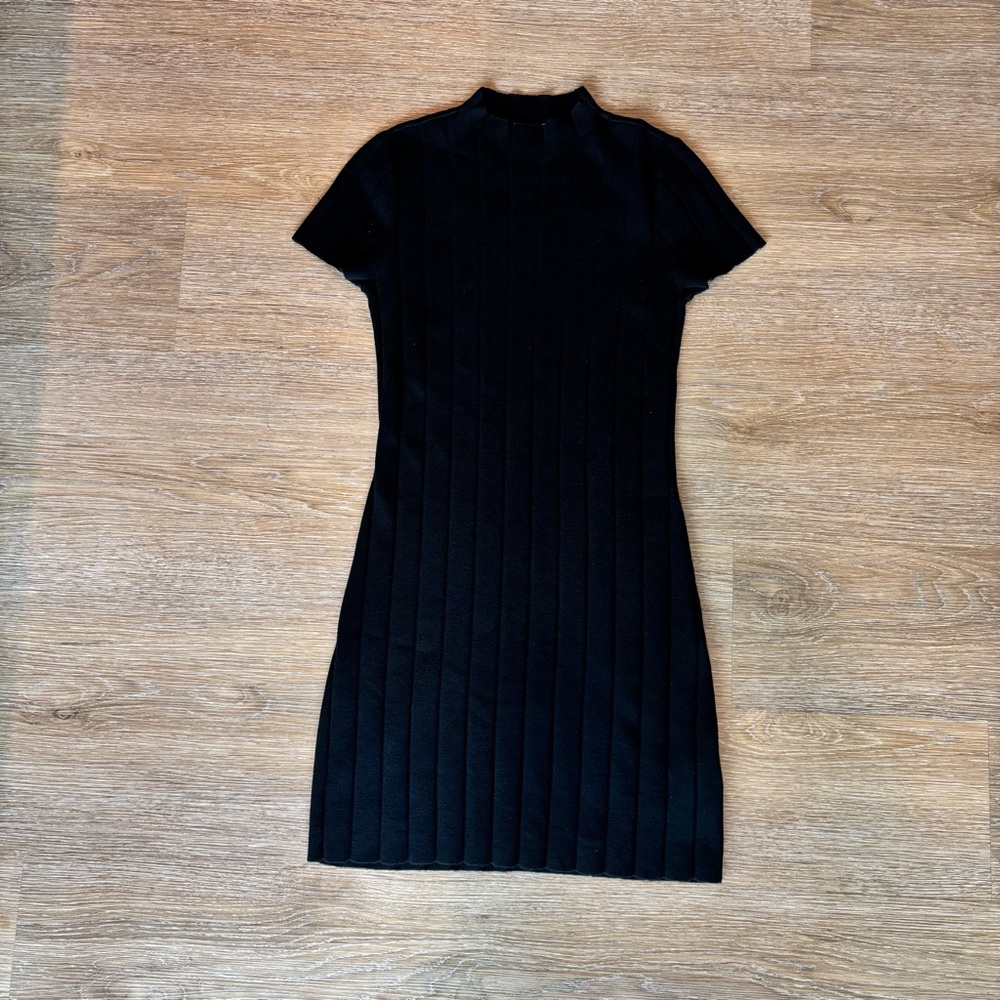 Elegant Black Knit Ribbed Women's Dress with mockneck